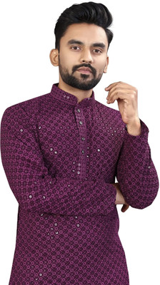 PRIMEICON Men Embellished Straight Kurta(Purple)