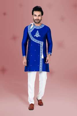 FRANSCART Men Embroidered Straight Kurta(Blue)
