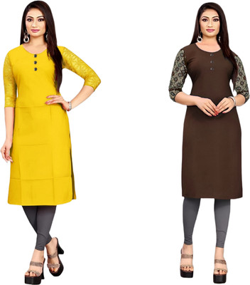HouseOfCommon Women Solid Straight Kurta(Yellow, Brown)