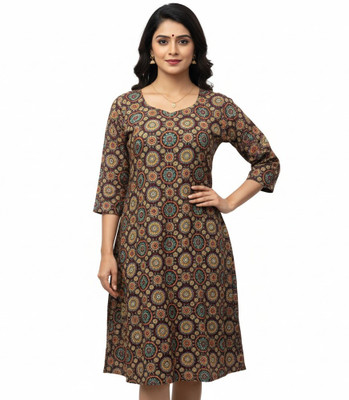 ABCD Women Geometric Print A-line Kurta(Brown)