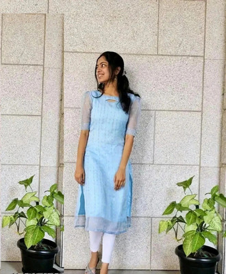 VHCK ENTERPRISE Women Embroidered A-line Kurta(Light Blue)