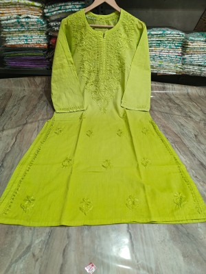 Adab chikan handicraft Women Chikan Embroidery A-line Kurta(Green)