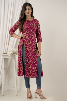 HANDISH Women Printed Frontslit Kurta(Maroon)