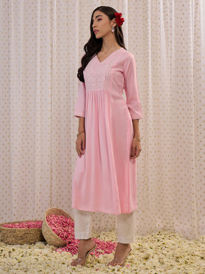 Indo Era Women Embroidered A-line Kurta(Pink)