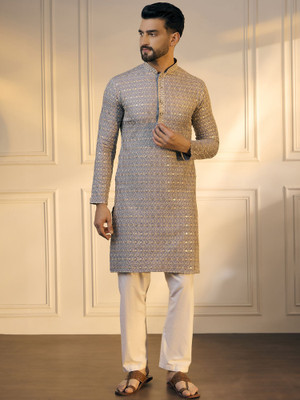 ANOUK Men Floral Print Straight Kurta(Purple)