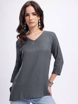 Anouk Rustic Women Striped Straight Kurta(Black)