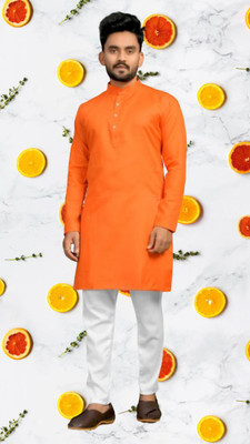 M Biswas Men Solid A-line Kurta(Orange)