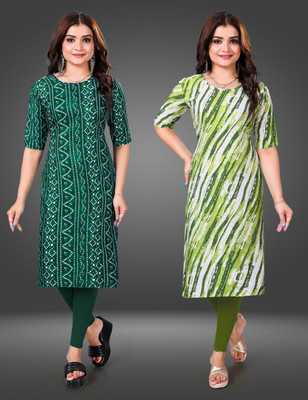 MOBHISA Women Printed Straight Kurta(Green)