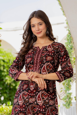 Fyunl Women Printed Straight Kurta(Maroon)