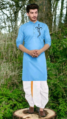 Mamta Biswas Men Printed Straight Kurta(Light Blue)