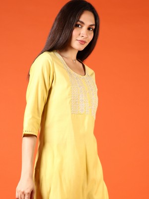 V-MART Women Self Design A-line Kurta(Yellow)