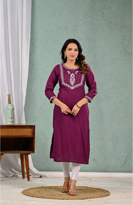 Ramkudi Women Embroidered A-line Kurta(Purple)