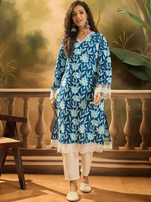 Ambrosia retail Women Printed A-line Kurta(Blue)