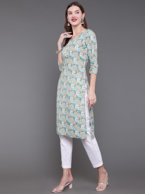 Antaran Women Floral Print Straight Kurta(Green)