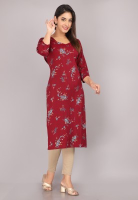 vidhani Women Floral Print Straight Kurta(Maroon)