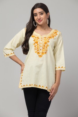 KGFONECLOTH Women Chikan Embroidery A-line Kurta(Yellow)