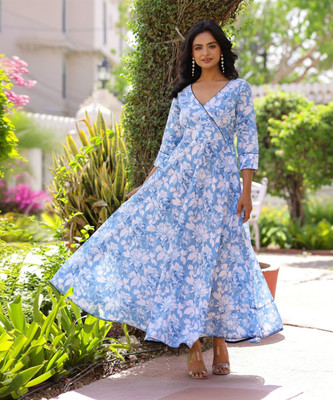 mokshi Women Printed Anarkali Kurta(Blue)
