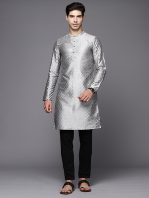 Indo Era Men Woven Design Straight Kurta(Grey)