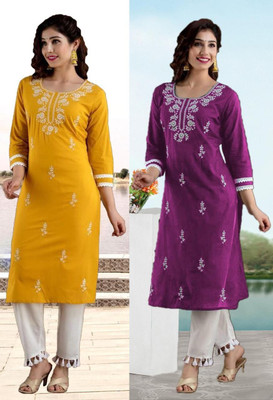 SISTO Women Chikan Embroidery Straight Kurta(Multicolor)