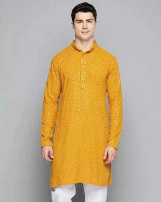 GRATIVO CREATION Men Chikan Embroidery Straight Kurta(Yellow)
