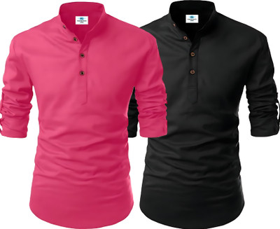 Fashion Marts Men Solid, Self Design Straight Kurta(Multicolor, Black)
