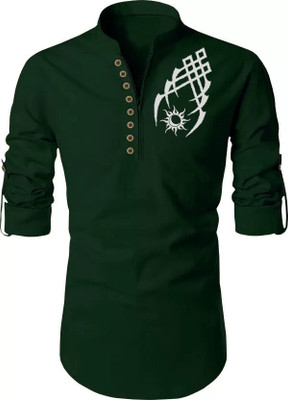 DIMMY Men Printed Straight Kurta(Dark Green)