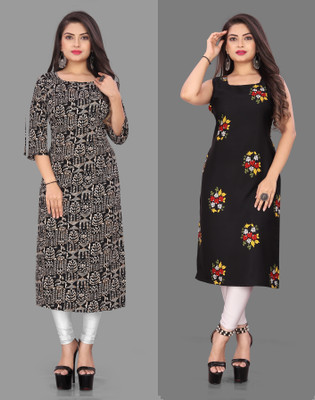 tanvi creation Women Floral Print Straight Kurta(Black)