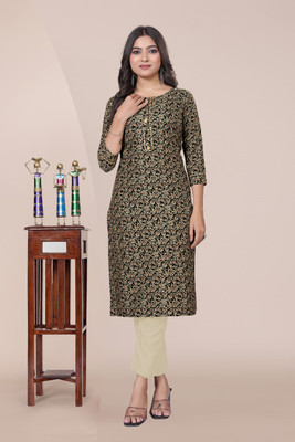 SIMPLYETHNIC Women Printed Straight Kurta(Black, Multicolor)