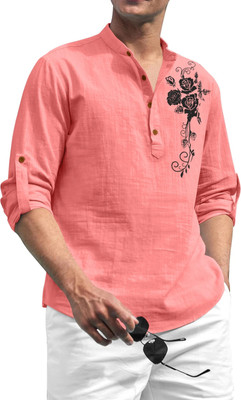 SHOPYCLICK Men Printed Straight Kurta(Pink)