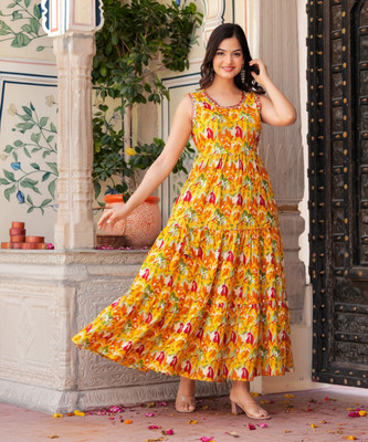 AASHLEY Women Printed Flared Kurta(Yellow)