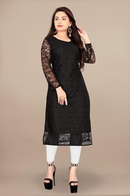 POXIMO Women Self Design Straight Kurta(Black)