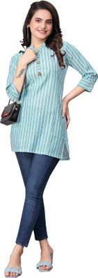 FABTOWN Women Striped Straight Kurta(Light Blue, White)