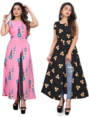 Modli 20 Fashion Women Printed Frontslit Kurta(Black)