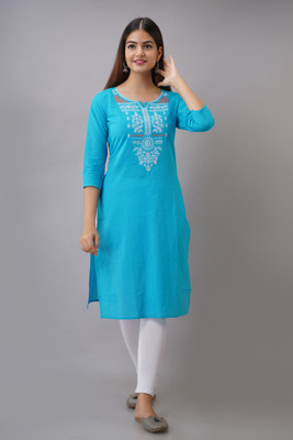 Radiksa Women Embroidered Straight Kurta(Light Blue)