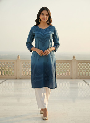 RUDRA LIFESTYLE Women Embroidered A-line Kurta(Dark Blue)