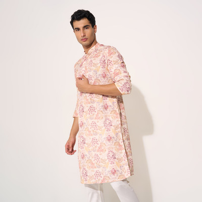 Indus Route by Pantaloons Men Printed Straight Kurta(Pink)