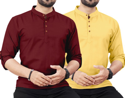 ROYAL SCOUT Men Solid Straight Kurta(Maroon, Yellow)
