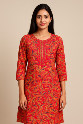 depjaya Women Floral Print, Printed, Embellished Straight Kurta(Red)