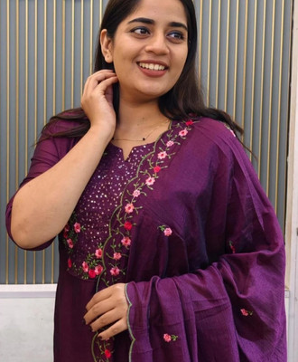 Wild Woven Women Embroidered, Floral Print Straight Kurta(Purple)