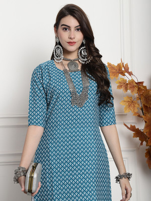 1 Stop Fashion Women Printed Straight Kurta(Blue, White)