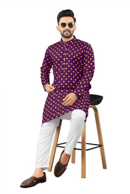 Shree Dutt Creation Men Polka Print Straight Kurta(Purple)