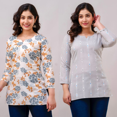 VROEGER Women Printed Straight Kurta(Grey)