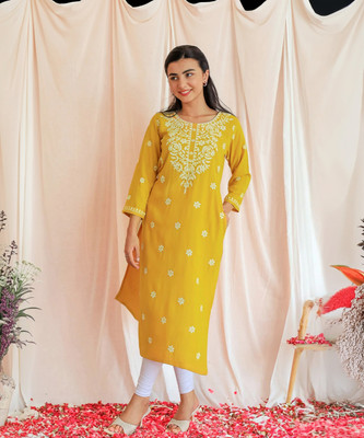 Yogeshwar Women Chikan Embroidery A-line Kurta(Yellow)