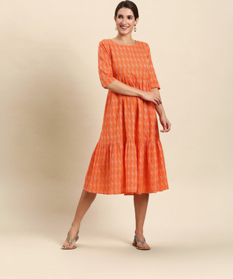 Janasya Women Printed A-line Kurta(Orange)