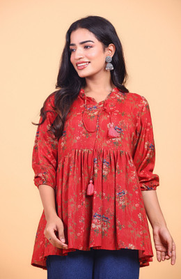 RAISHREE Women Printed Flared Kurta(Red)