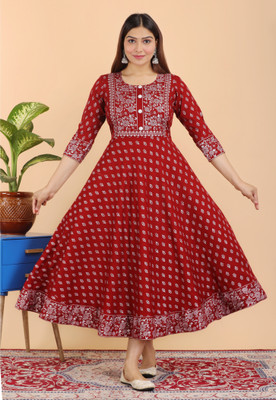 Hand Block Print Women Printed Anarkali Kurta(Maroon)