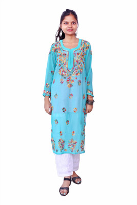 Ah creation Women Chikan Embroidery Ethnic Dress Kurta(Light Blue)