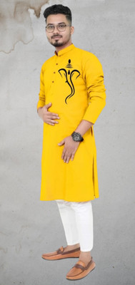 M Biswas Men Printed Straight Kurta(Yellow)