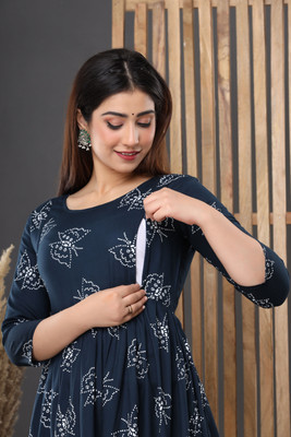 Miss Meoww Women Printed Anarkali Kurta(Dark Blue, White)