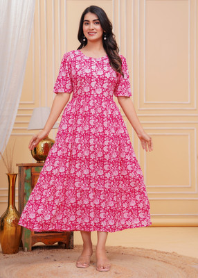 ISRANI Women Printed Anarkali Kurta(Pink)
